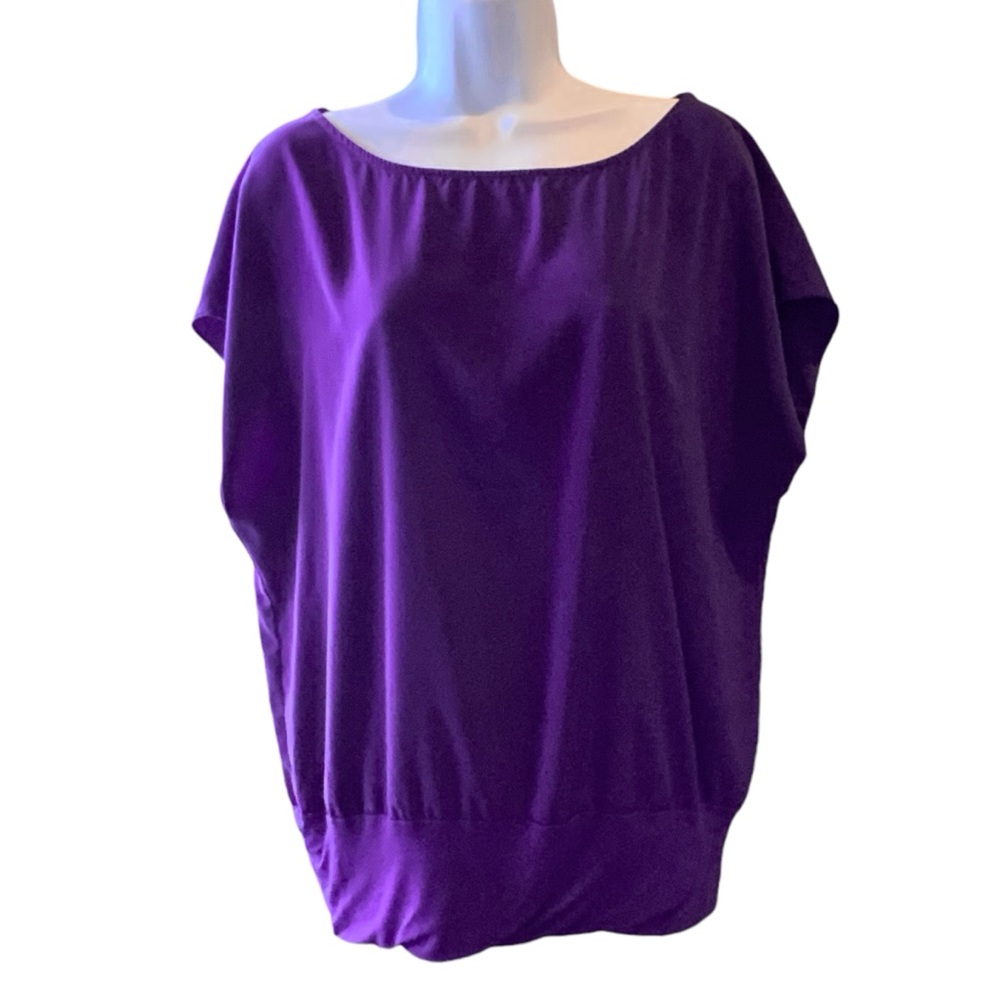 Express Top Purple Short Sleeve Boat Neck Stretchy Top Banded Hem Size Large